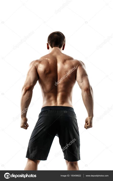 Back View Of Unrecognizable Man Strong Muscles Posing With Arms Down