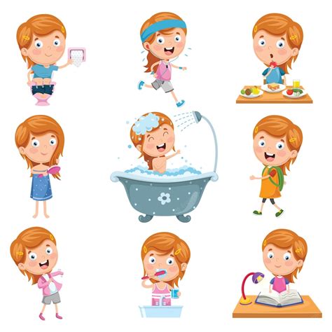 Premium Vector Vector Illustration Set Of Little Girl Daily Routines