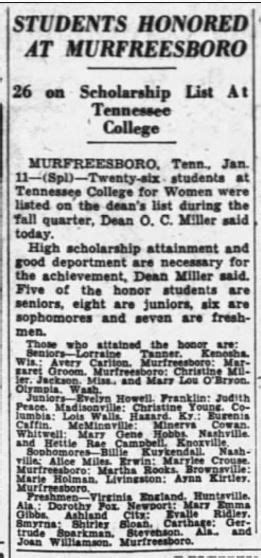 Tennessean Newspaper 12 Jan 1941 Tennessee Colleges Rutherford County Scholarships