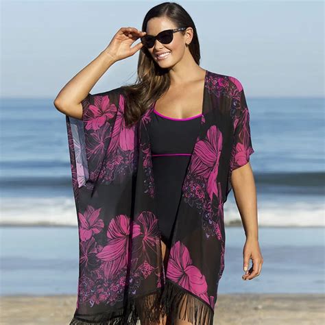 2016 Womens Summer Beach Dresses Swimsuit Wraps Sarongs Floral Printing Tassel Chiffon Big Size
