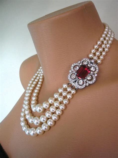 Pearl And Ruby Necklace Pearl Choker Mother Of The Bride Bridal
