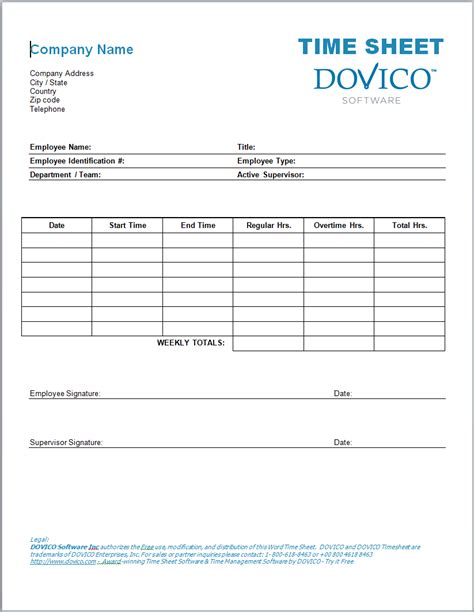 Microsoft Word Employee Timesheet Template By Dovico Timesheet