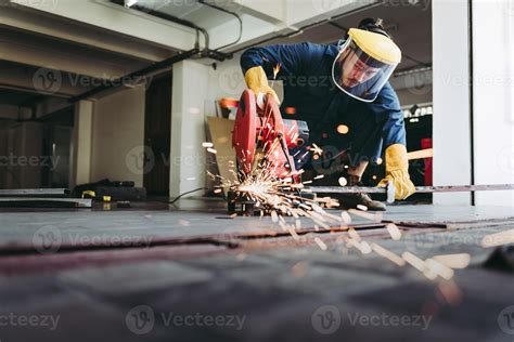 Craftsman Welding Is Cutting Steel Work In Fabrication Workshop Welder