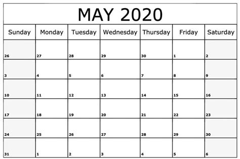 Editable Blank Calendar Template May 2020 May 2020 May2020