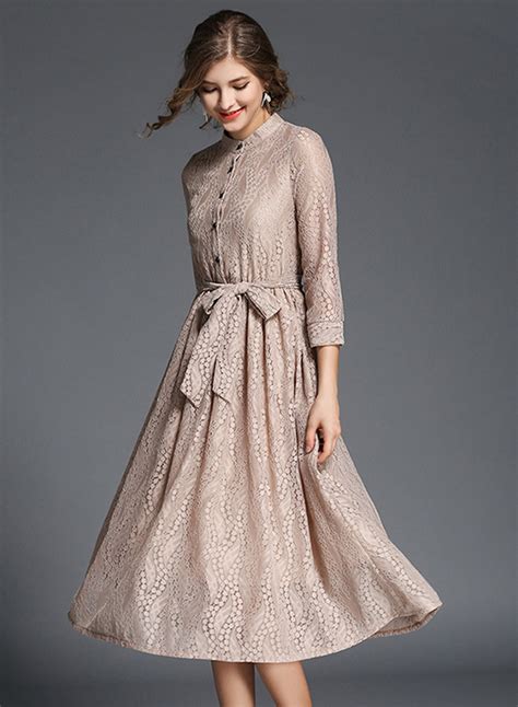 Lace Skater Dress With 3 4 Sleeves And Belt Belt Poster