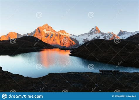 Picturesque View On Bachalpsee Lake In Swiss Alps Mountains Stock Photo