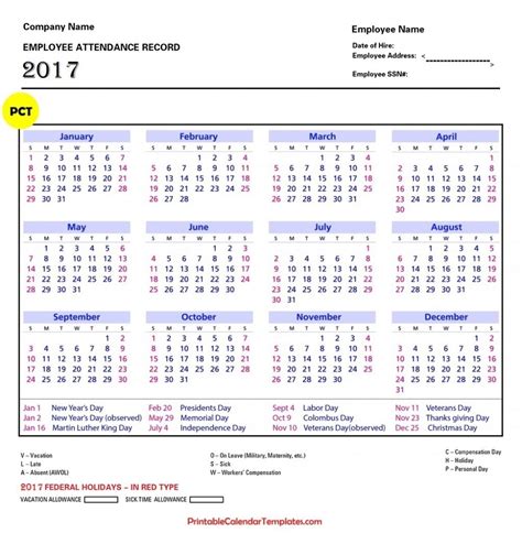 Free Printable Employee Attendance Calendars