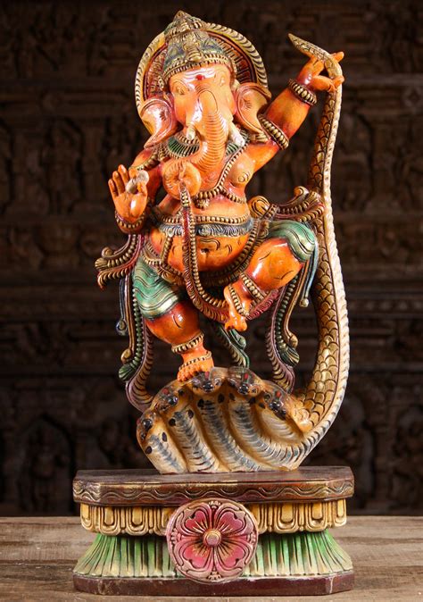 Sold Wood Ganesh Dancing On The Serpent Kaliya Hand Carved In Tamil