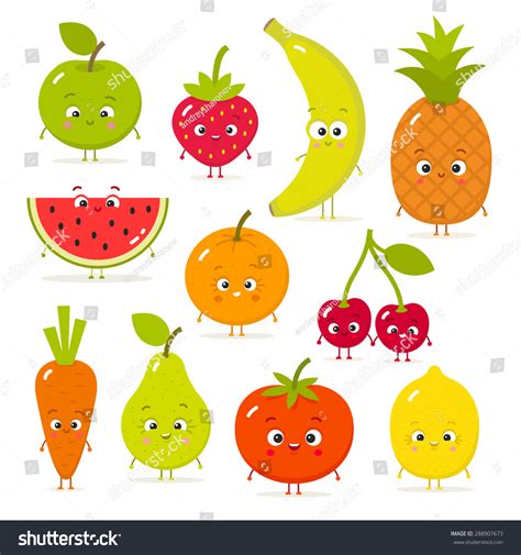 Cartoon Fruits Vegetables Eyes Flat Style Stock Vector