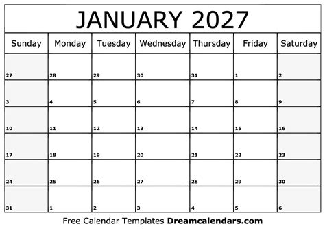 January 2027 Calendar Free Blank Printable With Holidays