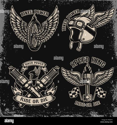 Set Of Vintage Biker Motorcycle Emblems On Dark Background For Logo