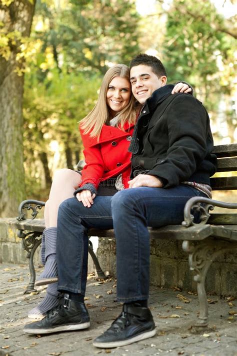 Happy Couple Sitting On Bench Stock Image Image Of Fall Enjoy 24783659