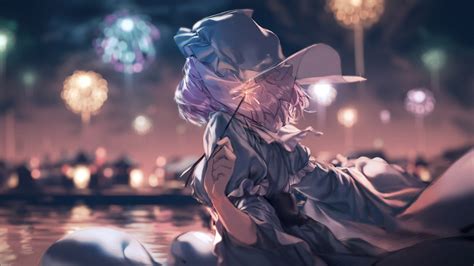 Desktop Wallpaper Yuyuko Saigyouji Touhou Enjoying Fireworks Anime