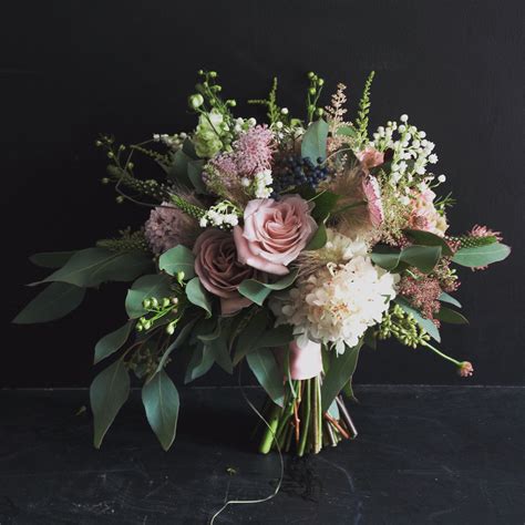 Hand Tied Wedding Bouquet Featuring Pinkblush Roses White Scabiosa