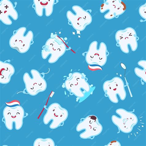 Premium Vector Cute Teeth Seamless Pattern Funny Tooth Characters