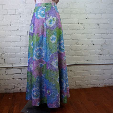 Floral Maxi Skirt 1970s Vintage Formal Pastel Lurex Sparkle