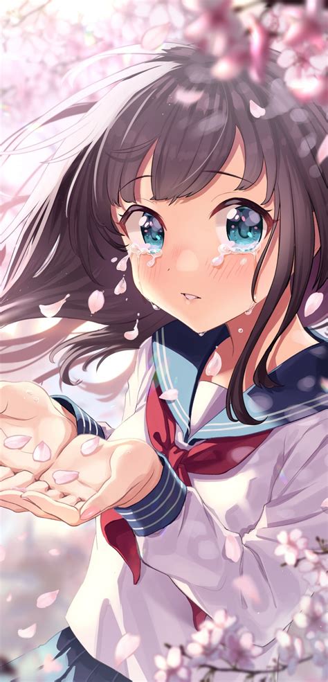 Download 1080x2246 Anime Girl Crying Tears Sakura Blossom Loli