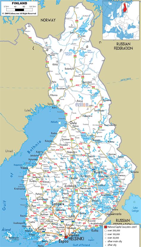 It borders the scandinavian peninsula with sweden to the west, russia to the east and norway to the north while estonia lies to its south. Road Map of Finland - Ezilon Maps