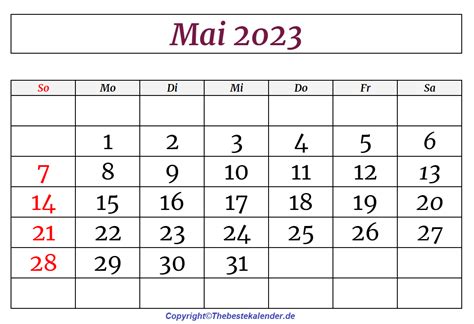Druckbare Kostenlos Mai 2023 Kalender Zum Ausdrucken