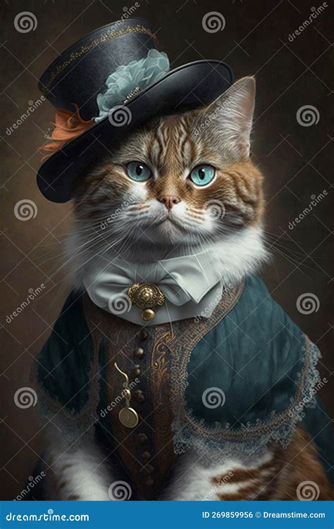 Cat Dressed In Vintage Clothes In Victorian Style Portrait In The