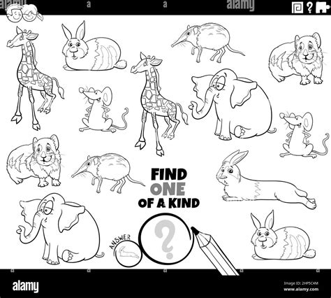 One Of A Kind Game With Cartoon Animals Coloring Book Page Stock Vector