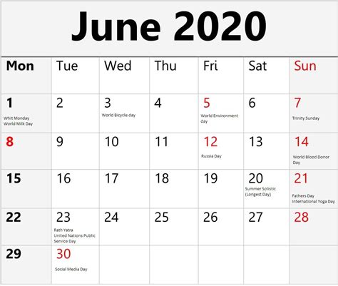 A June Calendar With The Holidays On It