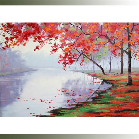 Autumn Trees Impressionist Oil Painting Lake River