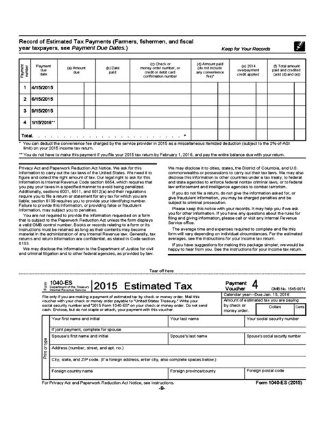 2015 Form 1040es Estimated Tax For Individual Free Download Worksheet