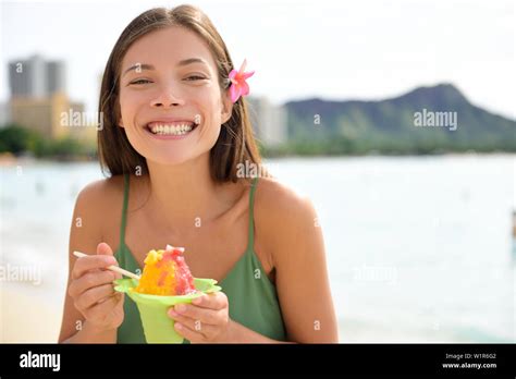 Hawaii Woman On Waikiki Beach Eating Hawaiian Shave Ice A Local Shaved Ice Dessert Happy