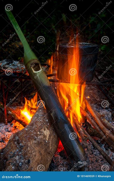 Camper Fire Cooking By Field Pot And Boil Water By Green Bamboo Stock