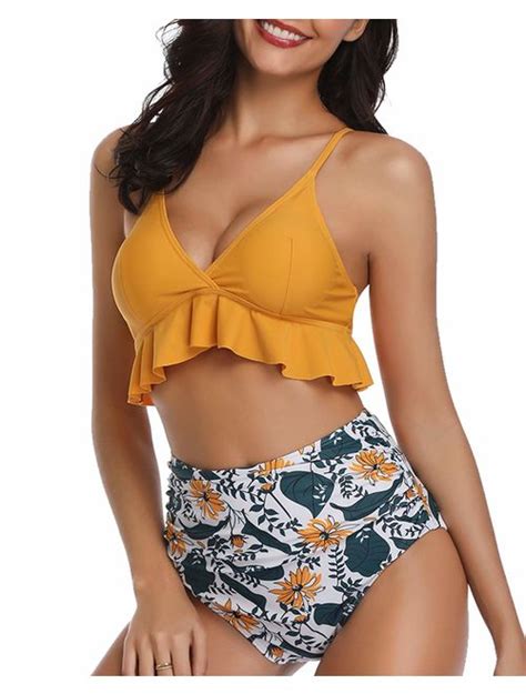 Buy Tempt Me Women Two Pieces High Waisted Ruffle Bikini Set V Neck Printed Swimwear Online