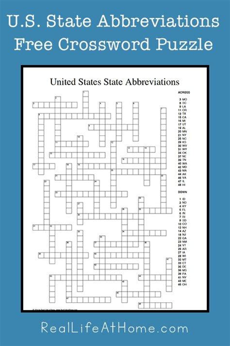 United States State Abbreviations Crossword Puzzle Printable State