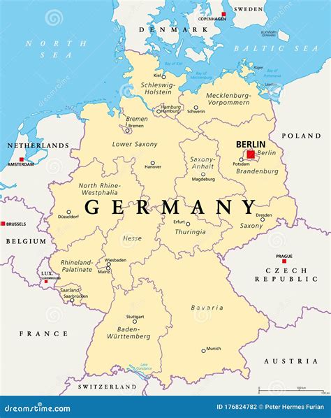 Germany Political Map States Of The Federal Republic Of Germany Stock