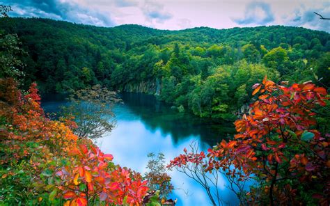 Autumn Forest Lake Trees Waterfalls Landscape Hd Desktop
