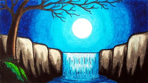 Sunset Oil Pastel Waterfall Moonlight Waterfall Scenery Drawing How