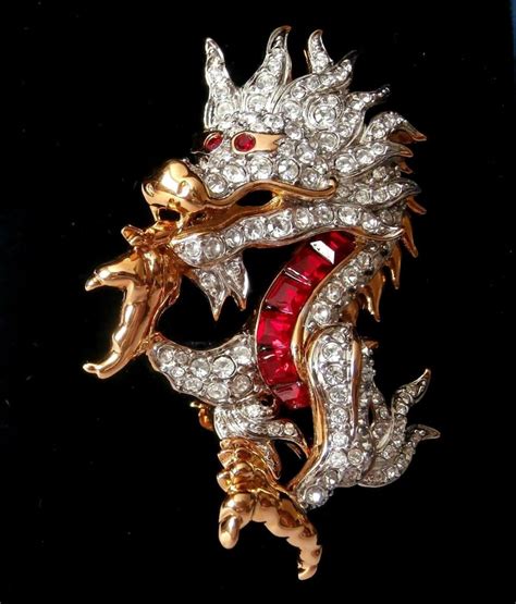 Swarovski Signed Dragon Pin Brooch Rhodium Set With Red And Etsy
