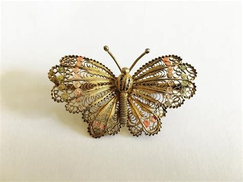 Vintage Gilded Silver Filigree Butterfly Brooch Delicate Etsy