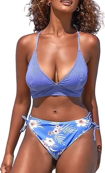 Womens Sexy V Neck Strappy Bikini Floral Printed Lace Up Two Piece Wf Shopping