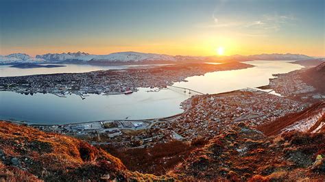 Norway Tromso Sunrise And Sunset Bay Pier Cities Tromsø Hd Wallpaper