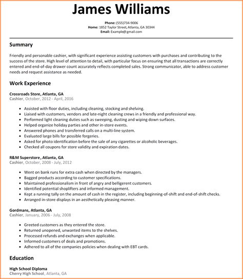 Cashier Resume Templates Free