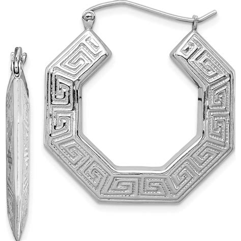Sterling Silver Rhodium Plated Greek Key Hoop Earrings 30 X 27 Made