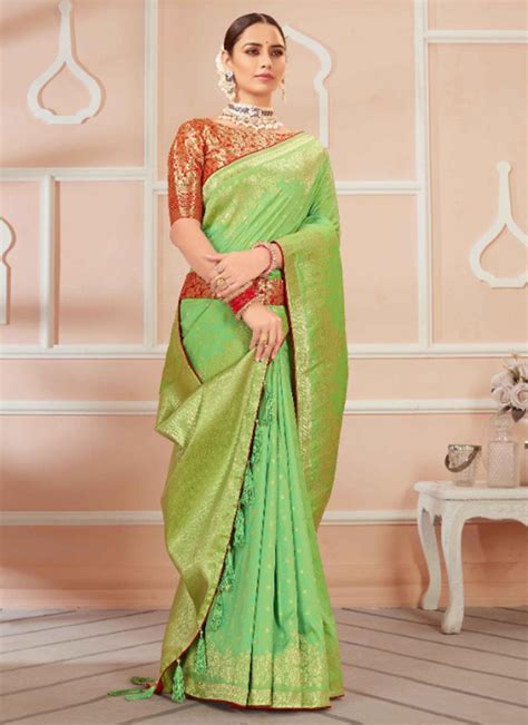 Buy Light Green Banarasi Silk Wedding Wear Weaving Saree Online From