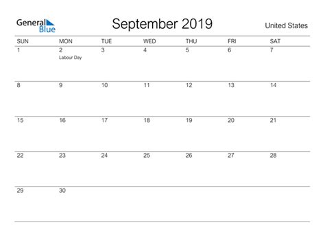 United States September 2019 Calendar With Holidays