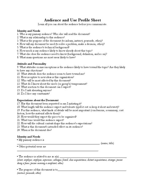 Audience And Use Profile Sheet Pdf Social Psychology Cognition