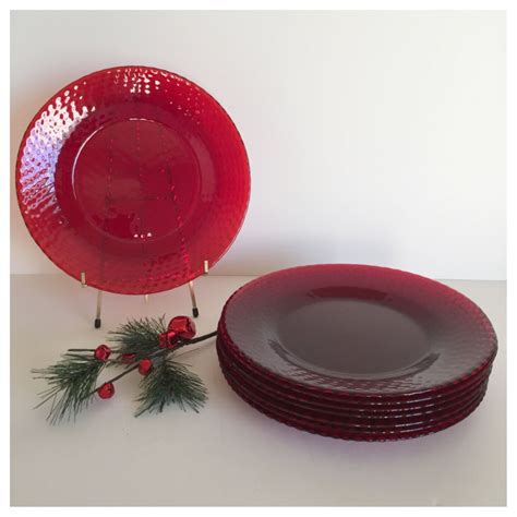 Vintage Red Glass Dinner Plates Red Glass Plates Christmas Dishes Holiday Dinnerware