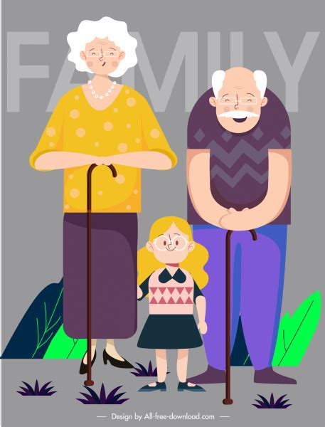 家庭背景 祖父母 孙女素描卡通人物 矢量背景 免费矢量 免费下载