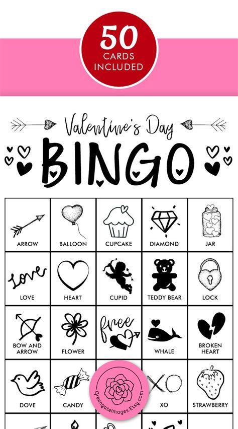 Valentines Day Bingo Cards Printable Bingo Cards Black And White 50