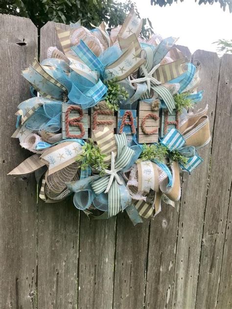 Beach Wreath Burlap Deco Mesh Wreath With Seashells Seashell Etsy