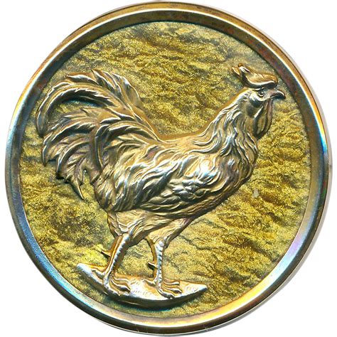 Button Very Large Late 19th C Brass Rooster On Streaky Gold Celluloid