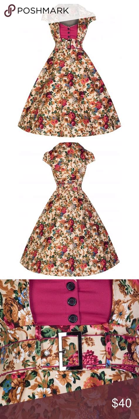 Lindy Bop Geneva Swing Dress Beige Floral W Belt Mod Cloth Dresses